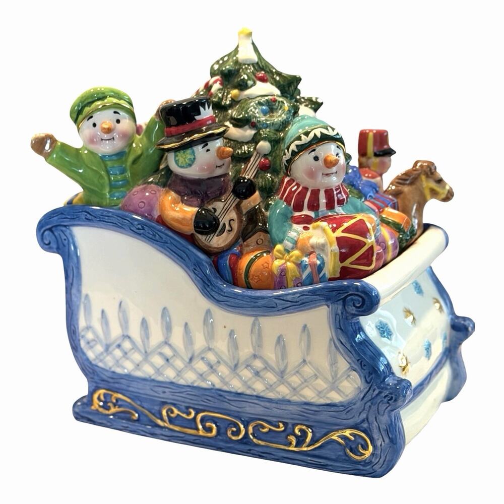 Vintage Waterford Holiday Heirloom Christmas Sleigh Cookie Jar Snowman 9x9.5x5